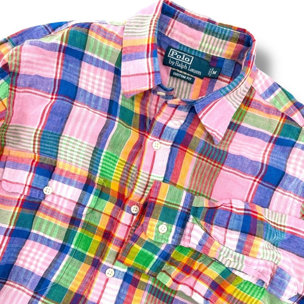 Polo Ralph Lauren Linen Shirt Mens M Pink Plaid Custom Fit Preppy Resort Summer